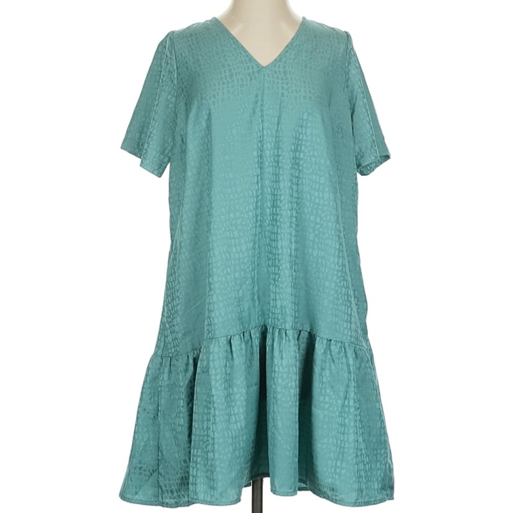 A New Day L Teal Tunic Dress Ruffle Hem V Neck Short Sleeve Shirt